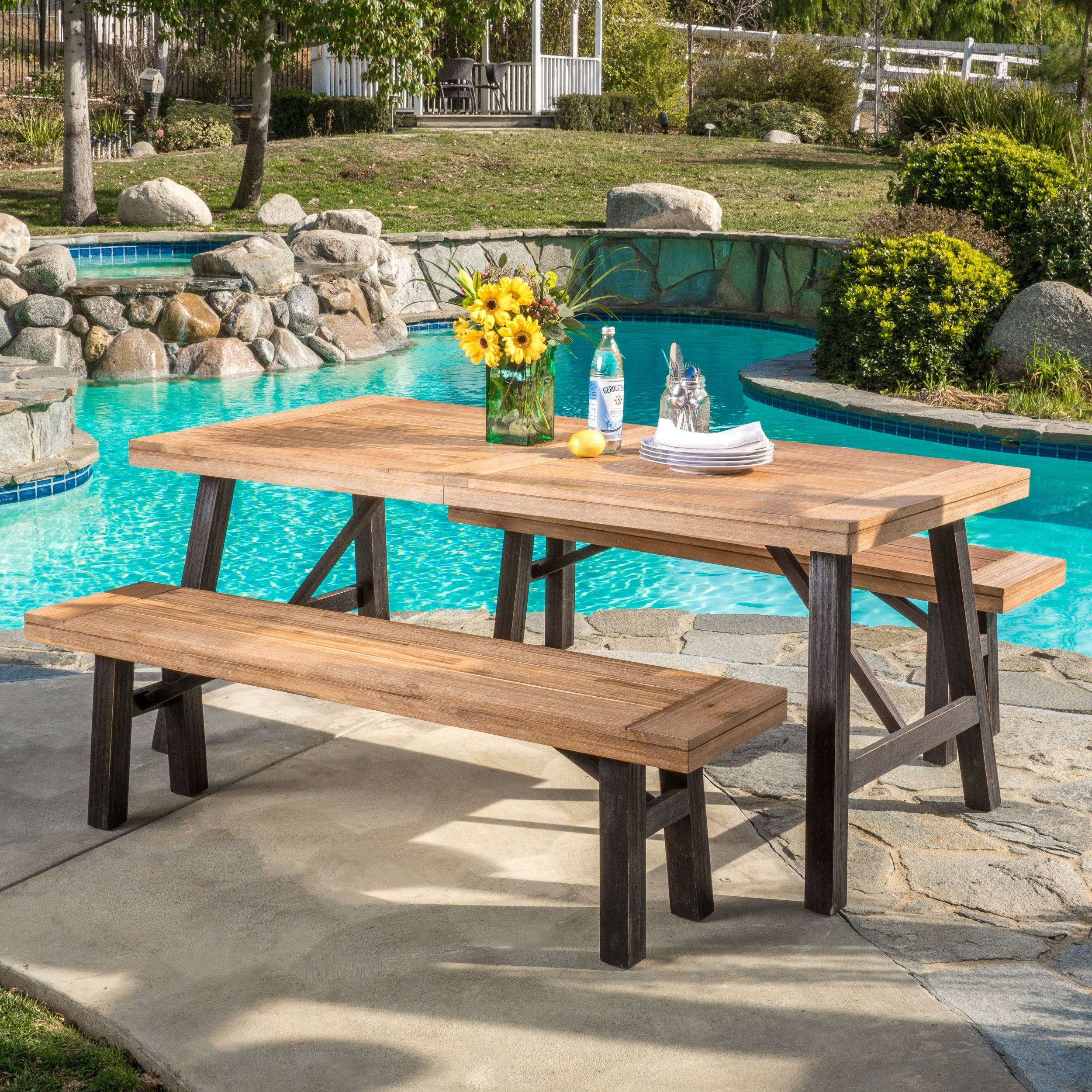 Valverde Outdoor Teak Finish and Brushed Grey Acacia Wood Picnic Dining Set