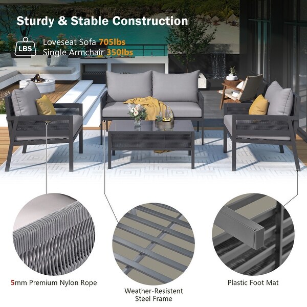 4Piece Rope Outdoor Furniture Set，Patio Conversation Set with Tempered Glass Table and Thick Cushion