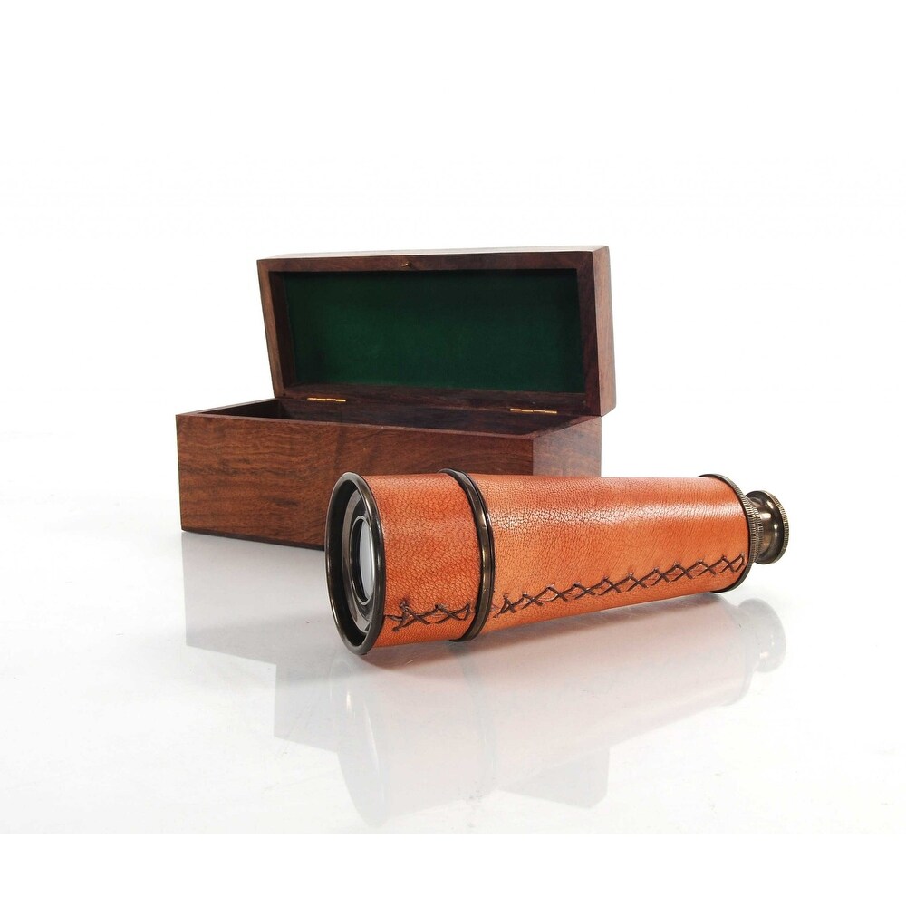 Natural Leather and Brass Handheld Telescope in Wood Box   16x2.25x2.25\