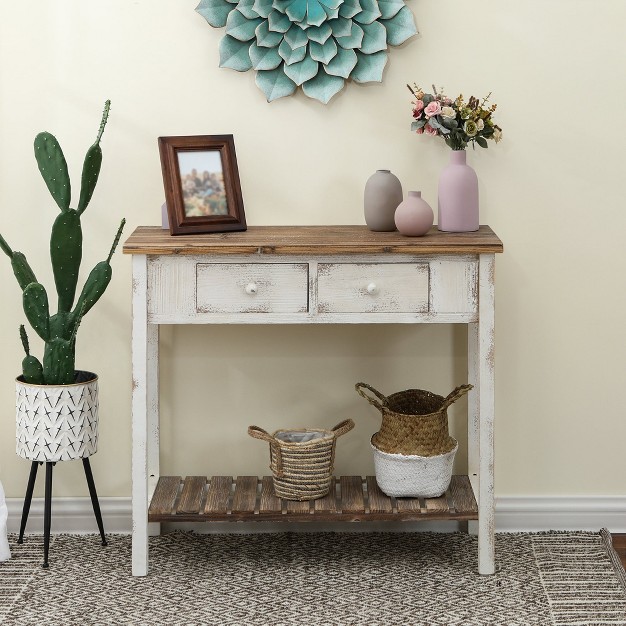 Luxenhome Distressed White And Wood 2 drawer 1 shelf Console Table And Entry Table