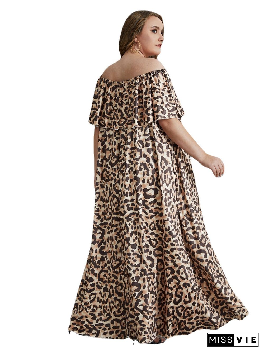 Plus Size Summer Leopard Print Off The Shoulder Short Sleeve Loose Party Club Holiday Maxi Long Dresses