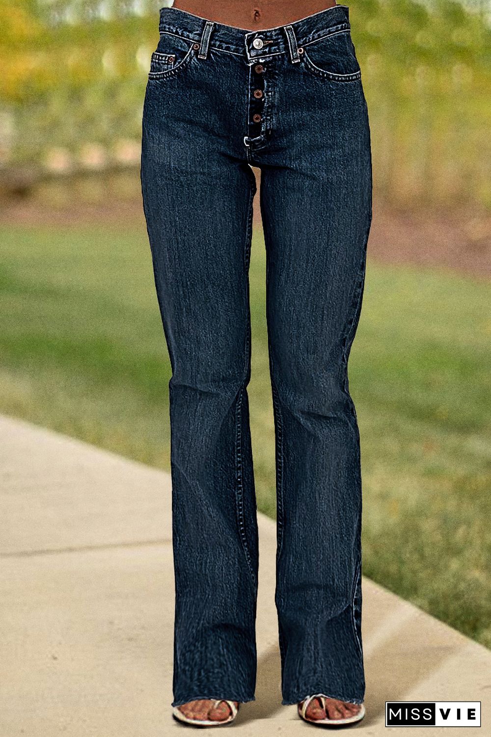 Button Fly Mid Waist Straight Leg Jeans