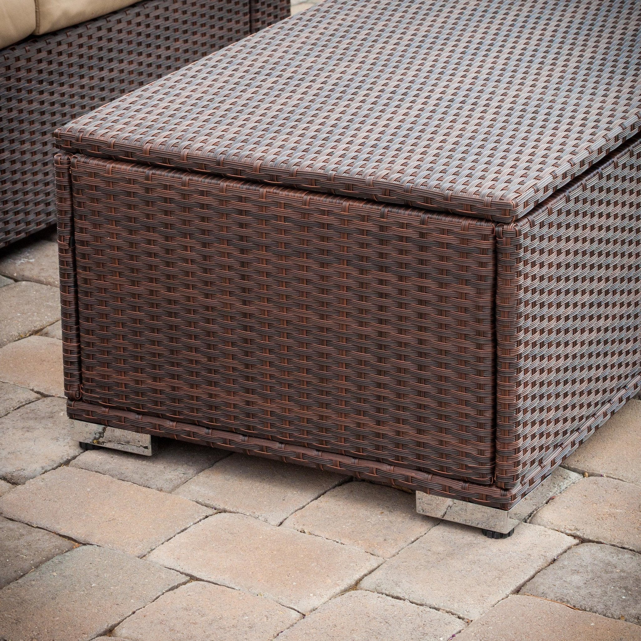 Montague Outdoor 4-Piece Brown Wicker Sofa Set with Storage Ottoman Table