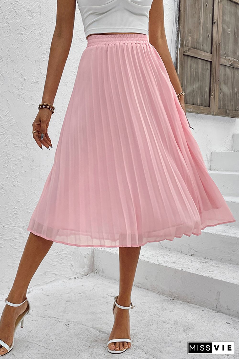 Pink Elastic Waist Pleated Skirt