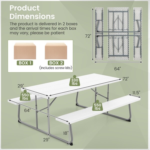 Folding Picnic Table Set with Metal Frame and AllWeather HDPE Tabletop，Umbrella Hole