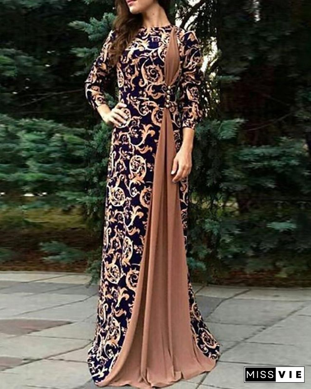 Women's Maxi long Dress - 3/4 Length Sleeve Paisley Patchwork Print Fall Winter Plus Size Hot Elegant Black Blue Red Brown S M L XL XXL 3XL 4XL 5XL