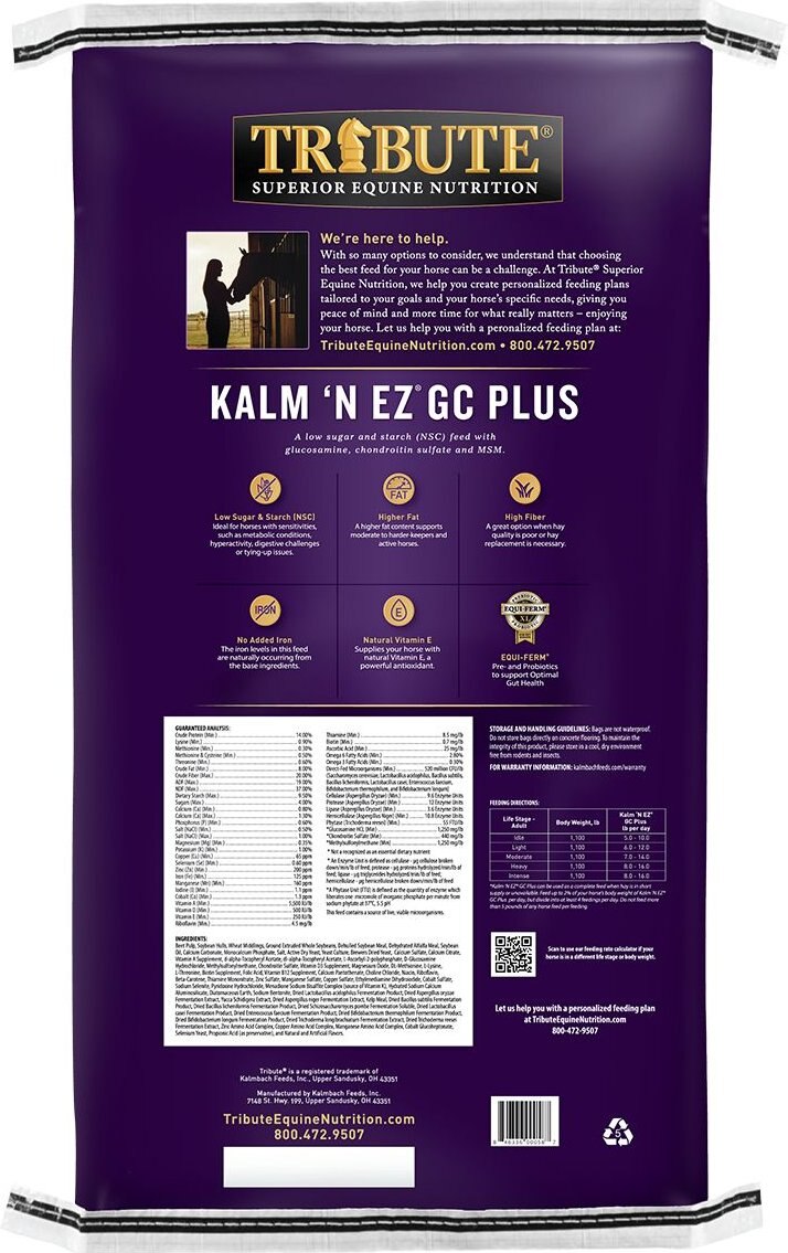 Tribute Equine Nutrition Kalm 'N EZ GC Plus Low-NSC， Joint Support Horse Feed