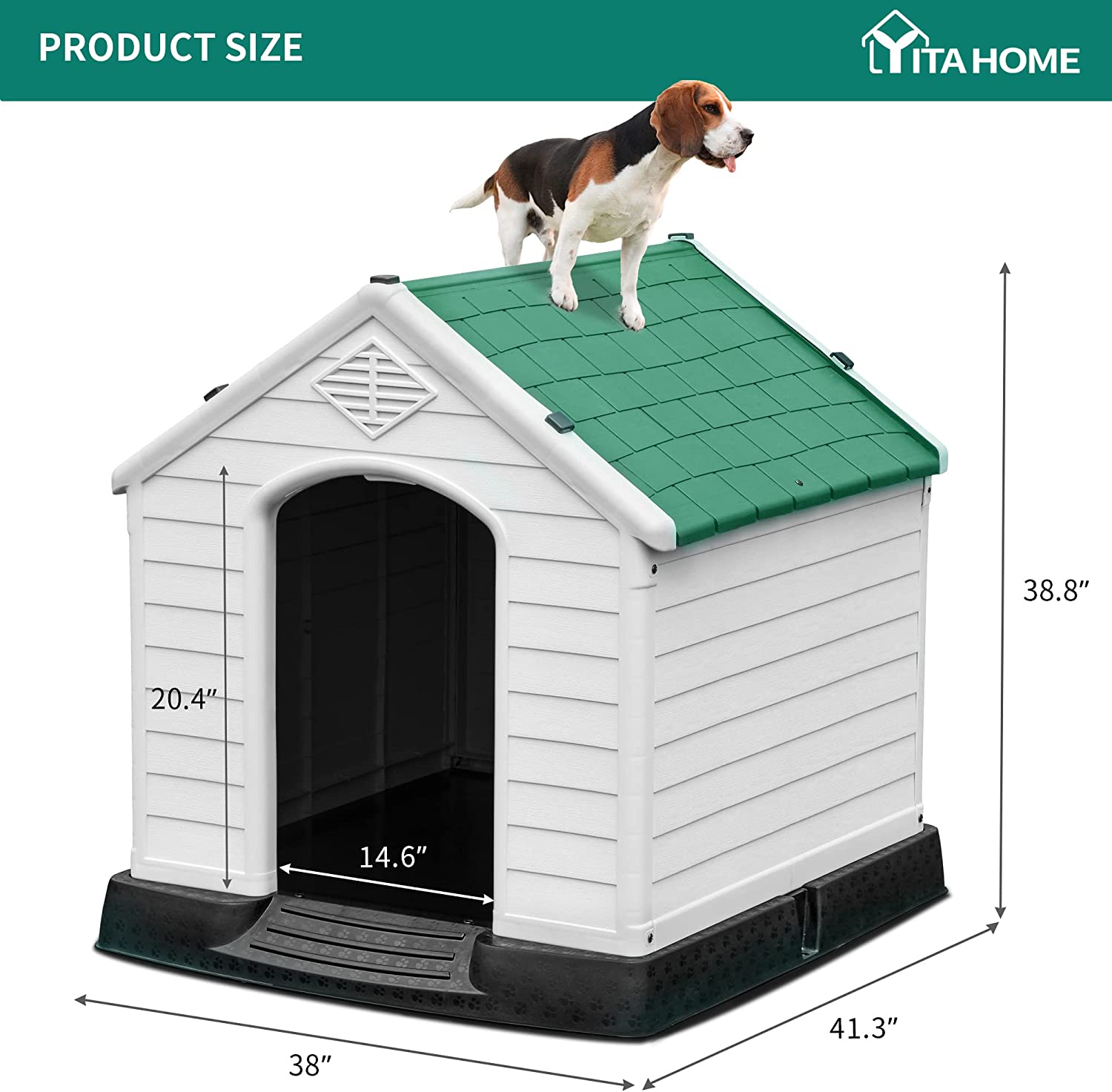 YITAHOME Large Plastic Dog House Outdoor Indoor Dog Puppy Shelter Water Resistant with Air Vents and Elevated Floor (41''L*38''W*39''H， Green)