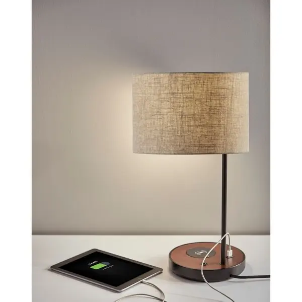 Carbon Loft Melville Matte Black/Walnut Table Lamp w/ Wireless Charging Pad/USB Port