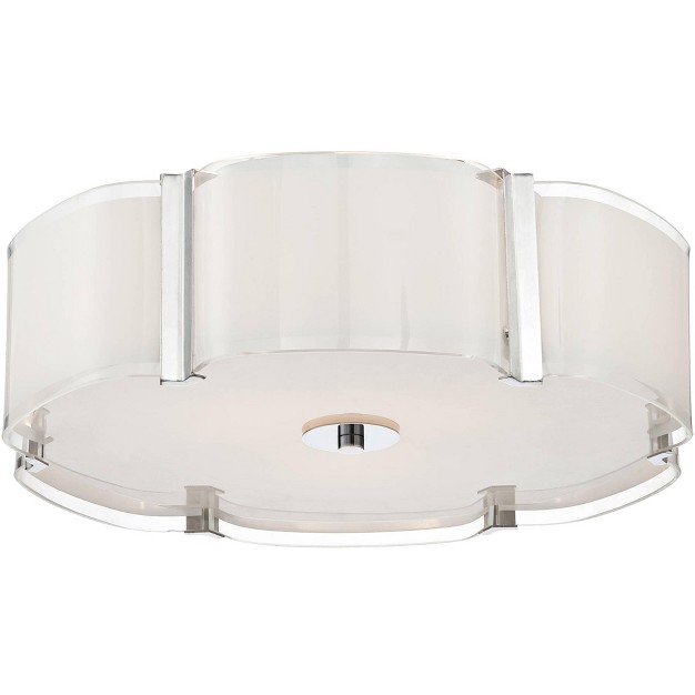 Wide Chrome 3 light White Glass Scalloped Edge Drum Shade For Bedroom House