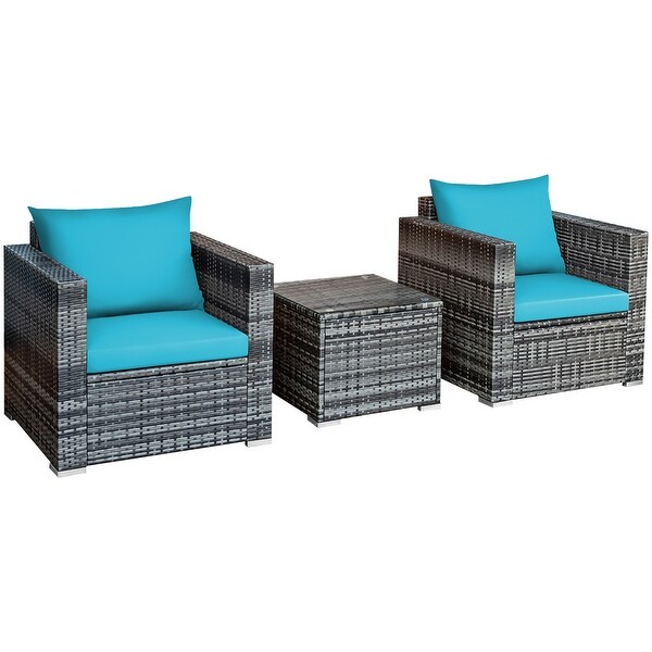 3 PC Patio Rattan Furniture Set Outdoor Cushioned Sofa Chair W/Table