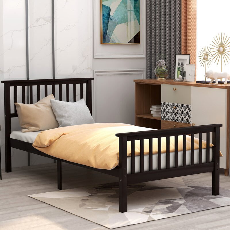 uhomepro Twin Bed Frame No Box Spring Needed, Wood Platform Bed Frame with Headboard and Footboard, Strong Wooden Slats, Twin Bed Frames for Kids, Adults, Modern Bedroom Furniture, Espresso