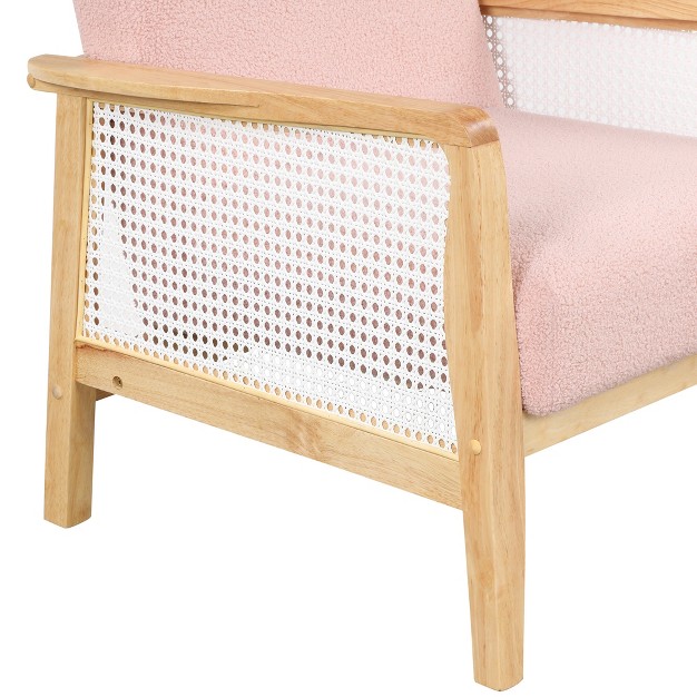 Wide Teddy Thick Seat Cushion With Solid Wood Legs Accent Chair With Rattan Mesh Arm Pads maison Boucle