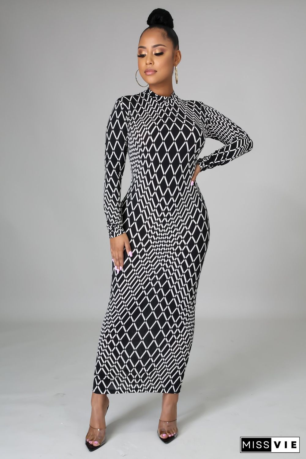 Autumn Fashion Women Printed Long Sleeve Round Neck Zipper Bodycon Sexy Club Party Maxi Dress