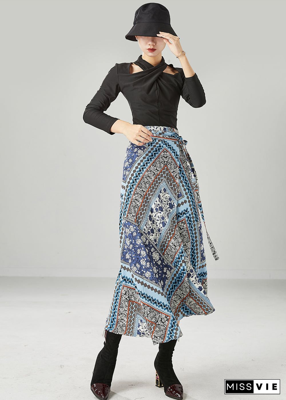 Style Blue Print Asymmetrical Design Chiffon Skirt Summer