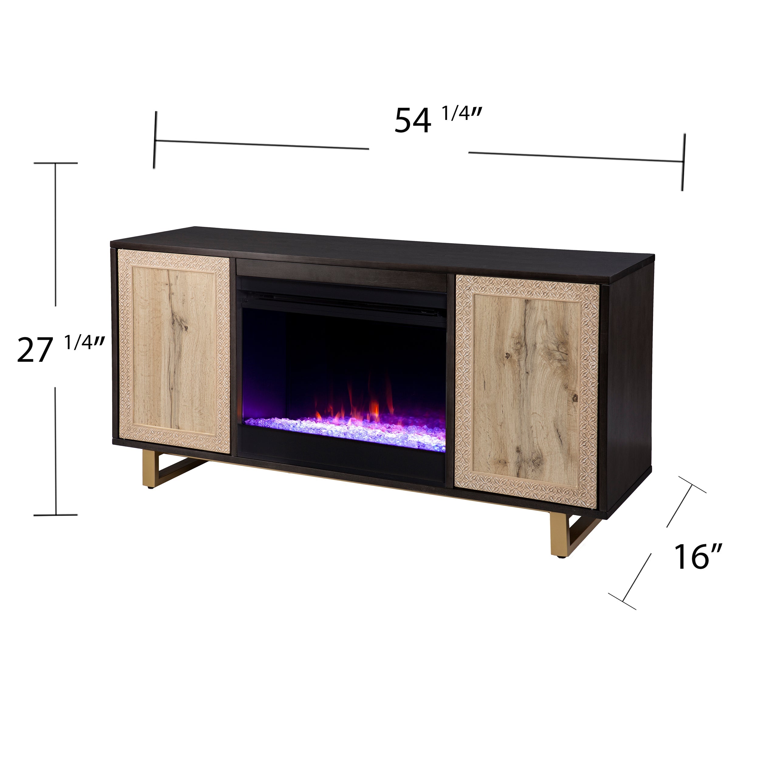 SEI Furniture Wilcola Freestanding Transitional Color Changing Electric Fireplace W/ Media Storage in Dark Brown, Natural, and Gold Finish