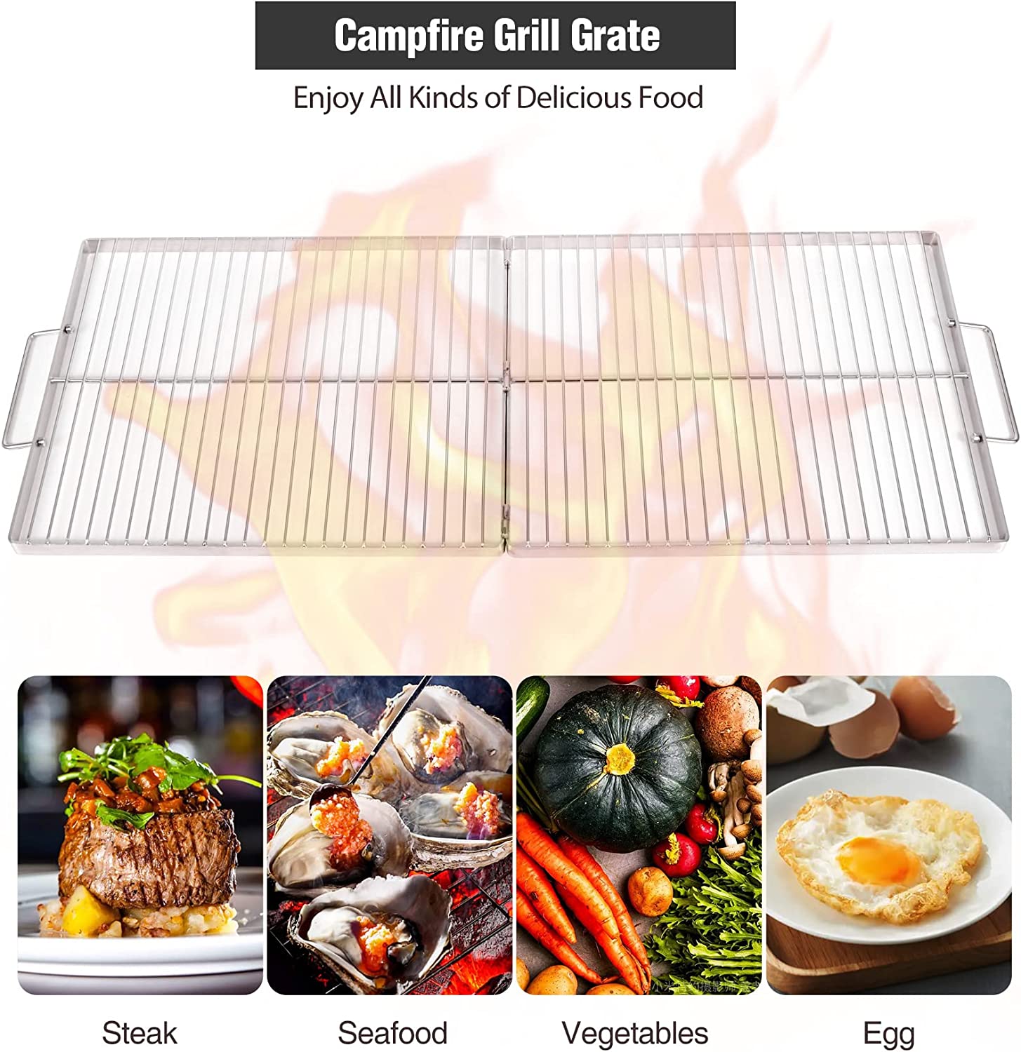 Lineslife X-Marks Stainless Steel Fire Pit Cooking Grill Grate, Heavy Duty Folding Outdoor Rectangle Campfire BBQ Grill with Handles, Camping Cookware and Accessory, 36 Inch