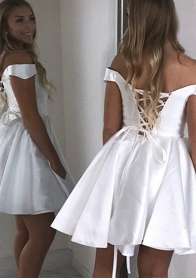 A-Line Off-the-Shoulder Satin Sleeveless Short Dress with Sashes