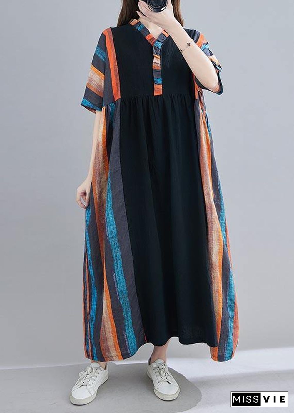 Women V Neck Patchwork Summer Dress Outfits Multicolor Striped Maxi Dress