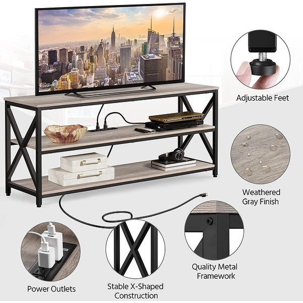 TV Stand with Power Outlets to 65 Inches， Industrial TV Console with 3-Tier Storage Shelves， Media Entertainment Center