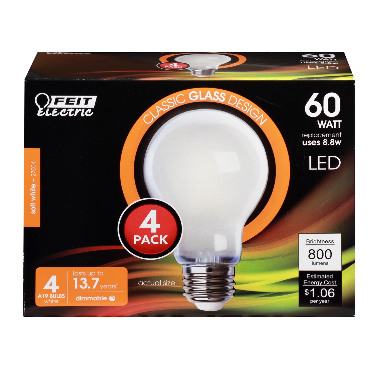 Feit A19 E26 (Medium) Filament LED Bulb Soft White 60 Watt Equivalence 4 pk