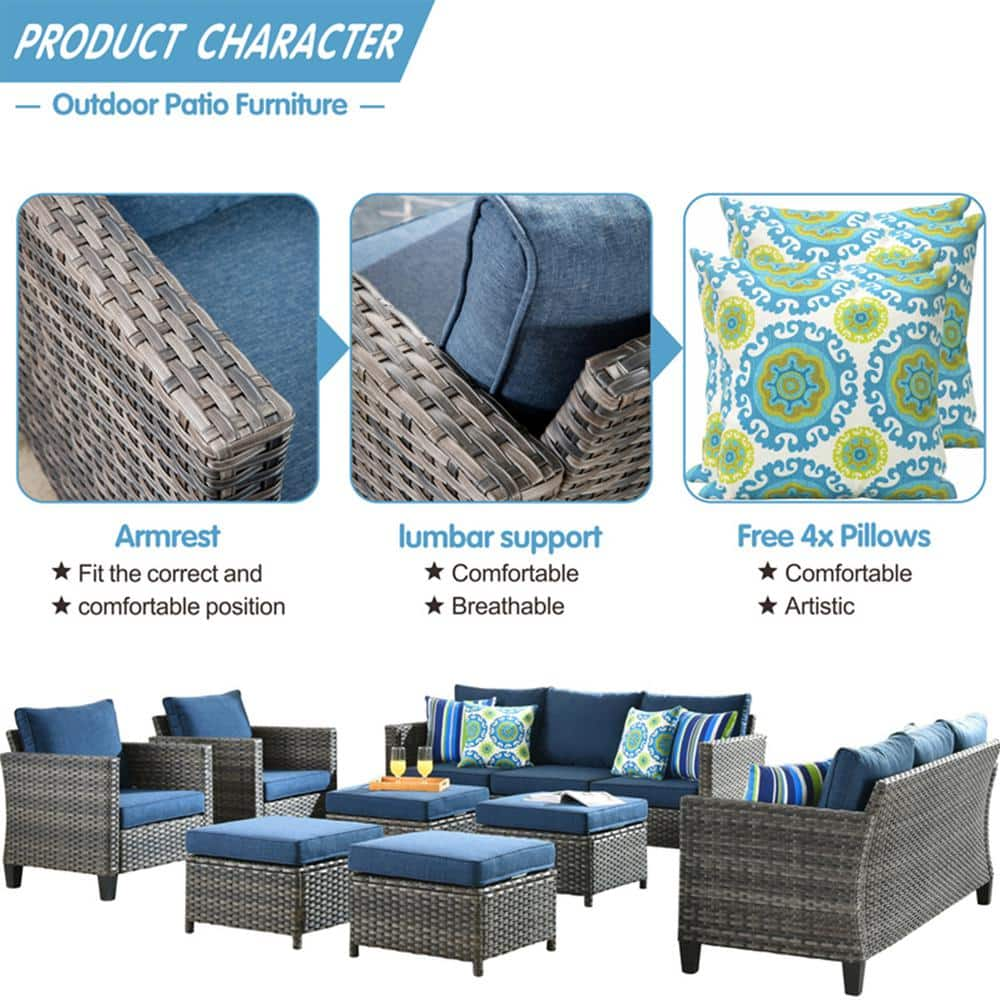 OVIOS New Vultros Gray 8-Piece Wicker Outdoor Patio Conversation Seating Set with Blue Cushions GRS3024