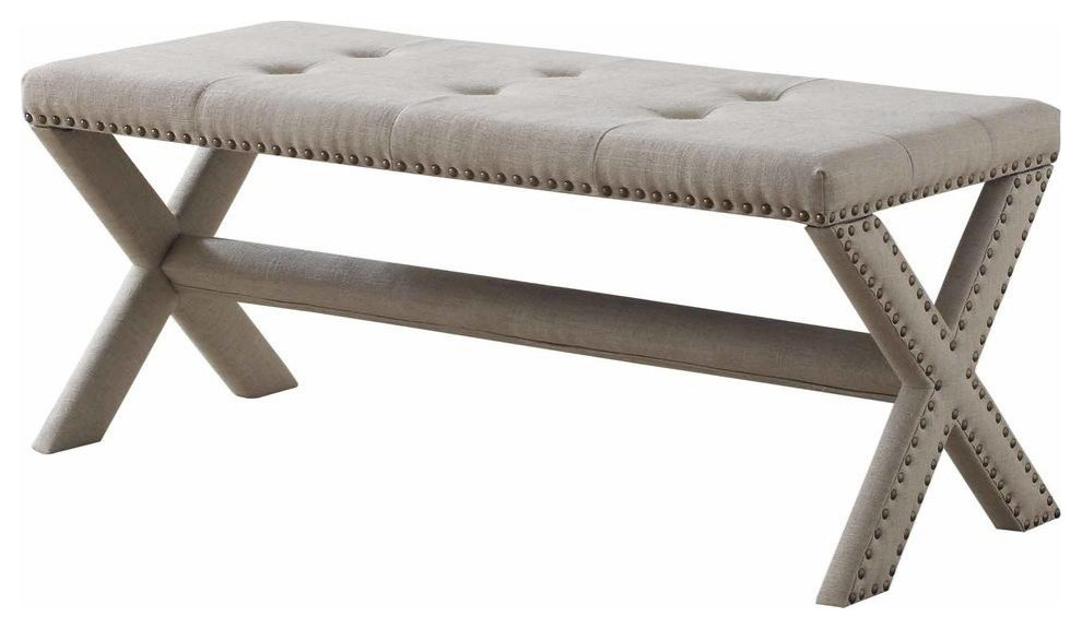 Linen Blend Accent Bench With Champagne Nail Heads   Transitional   Upholstered Benches   by Homesquare  Houzz