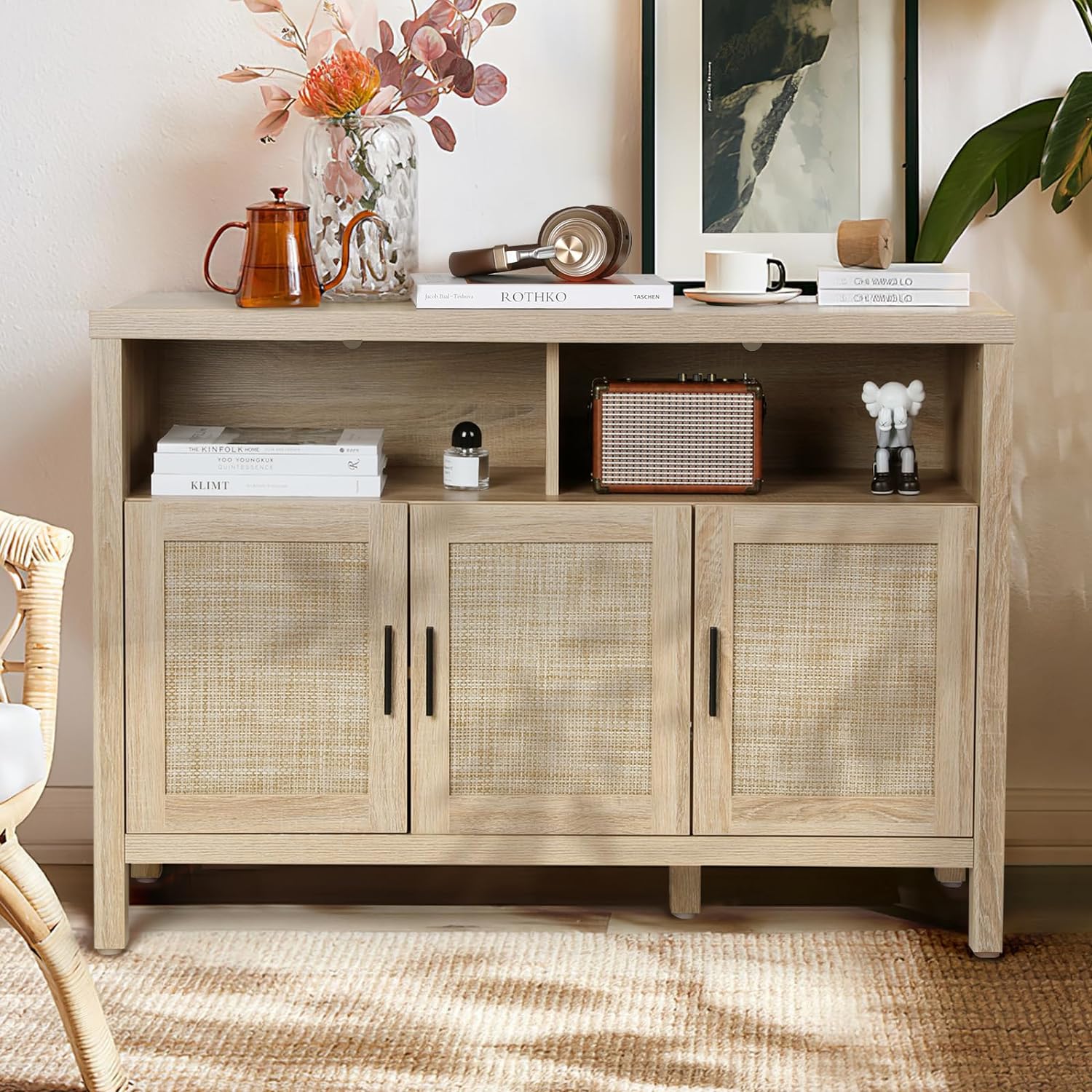 Rattan Buffet Sideboard Kitchen Storage Cabinet with 2 Shelves