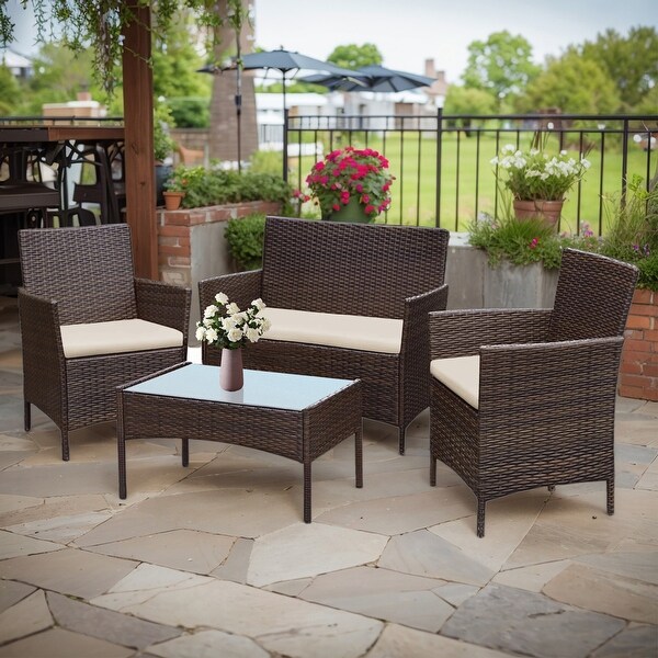 4 Piece Patio Conversation Wicker Furniture Set，Outdoor Rattan Sectional Furniture Set With Cushions