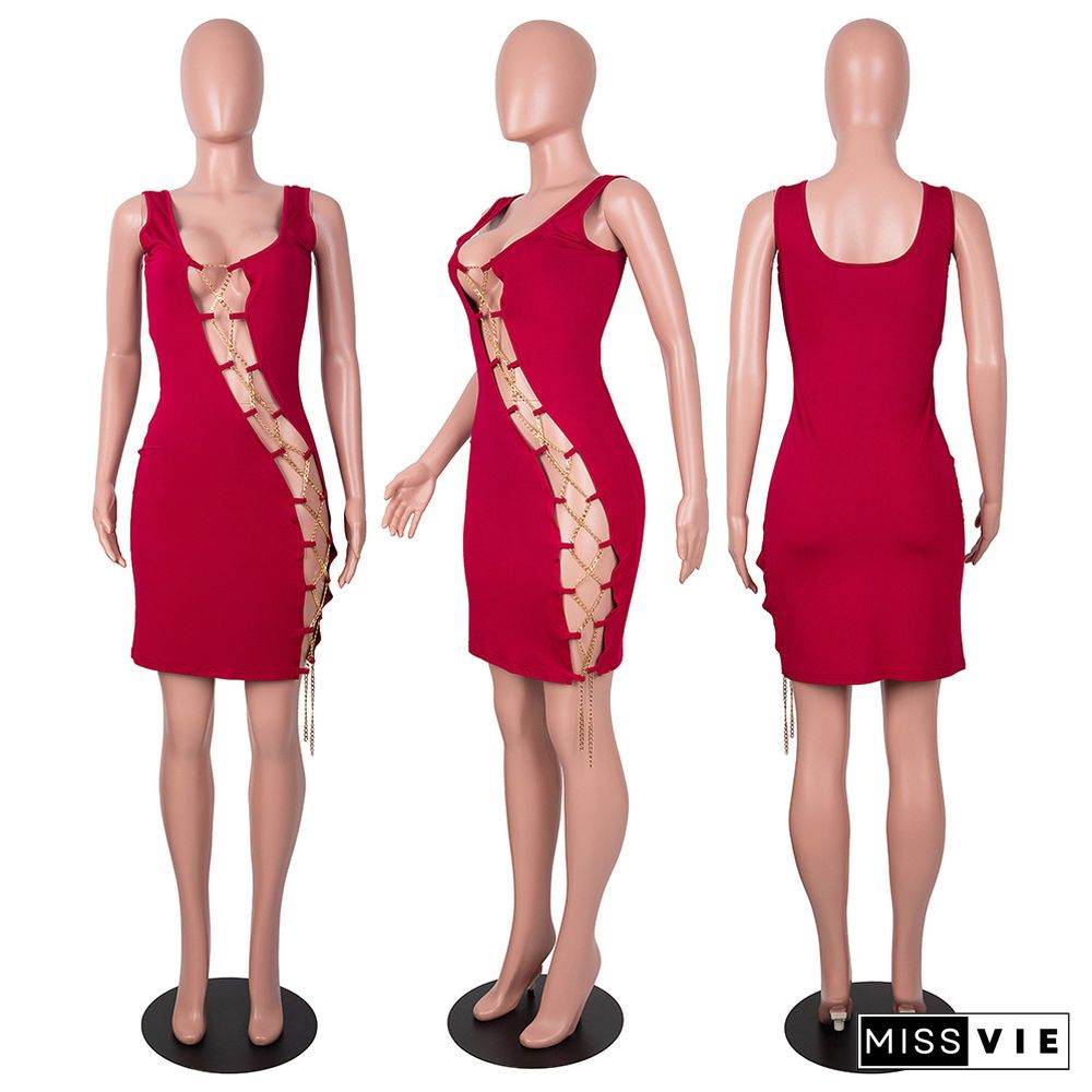 Sexy Women's Summer Solid Color Sleeveless Hollow Out Metal Chain Bandage Bodycon Night Clubwear Dress