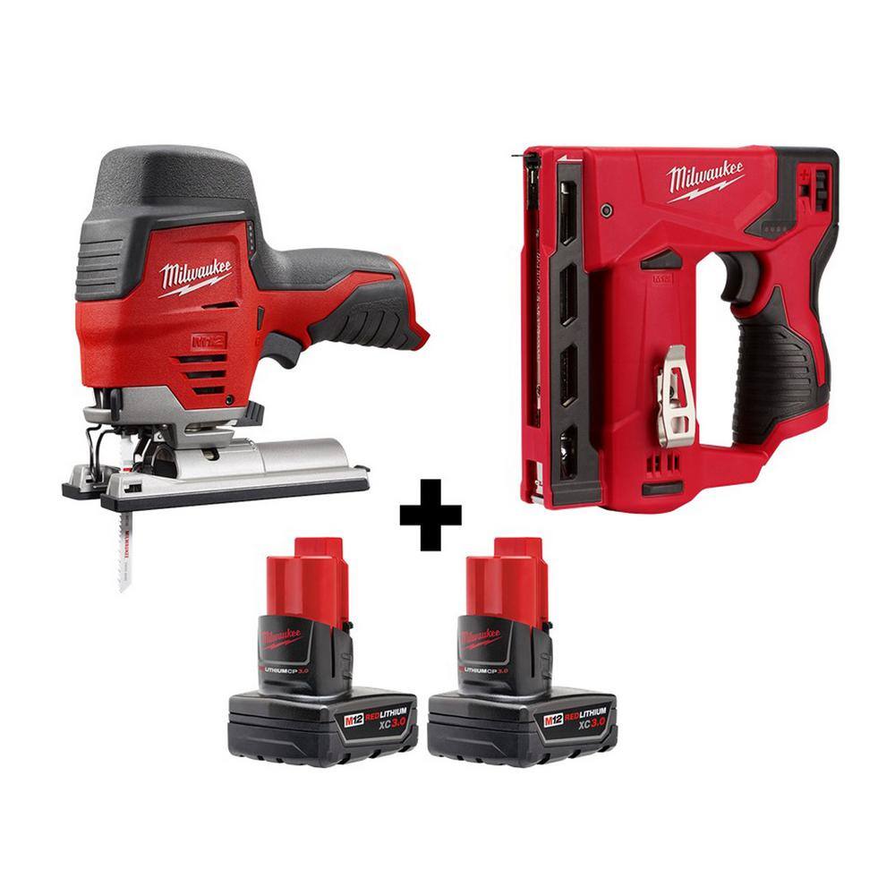 MW M12 12V Lithium-Ion Cordless Jig Saw and Crown Stapler with two 3.0 Ah Batteries 2445-20-2447-20-48-11-2412