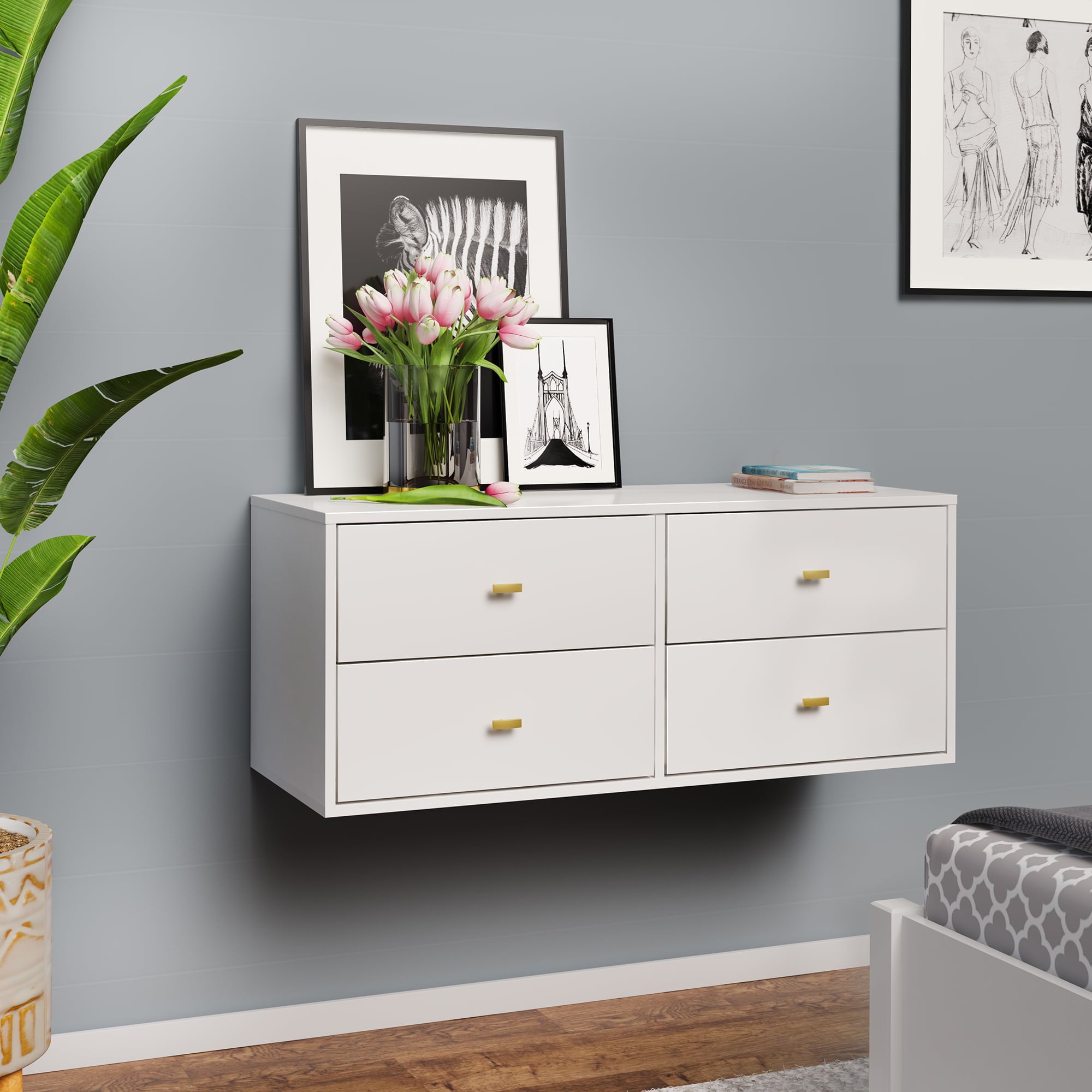 Prepac Floating Bedroom Modern 4-Drawer Double Dresser, White