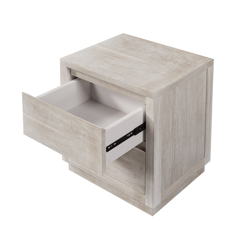 Stone Gray Wood Veneer 2 Drawer Nightstand Side Table   Modern Style for Bedroom or Living Room