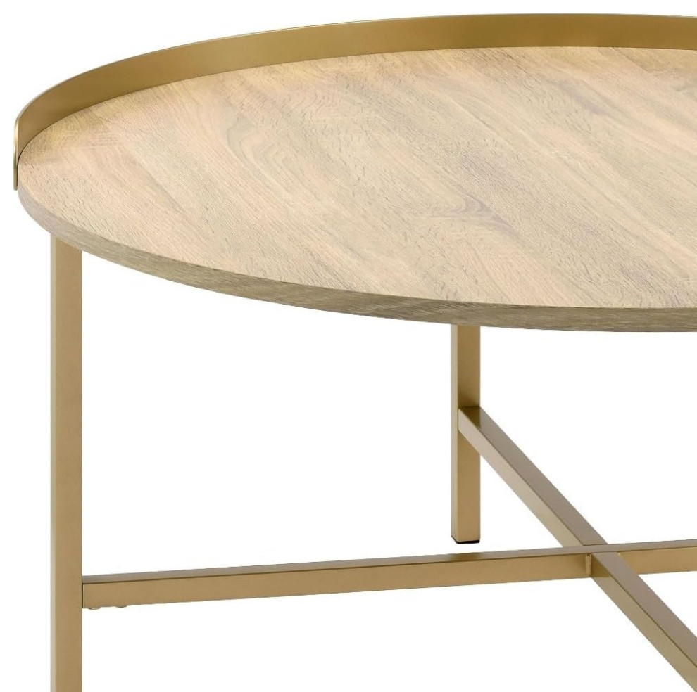 Contemporary Coffee Table  Crossed Metal Base With Round Wooden Top  Gold/Oak   Contemporary   Coffee Tables   by Decor Love  Houzz