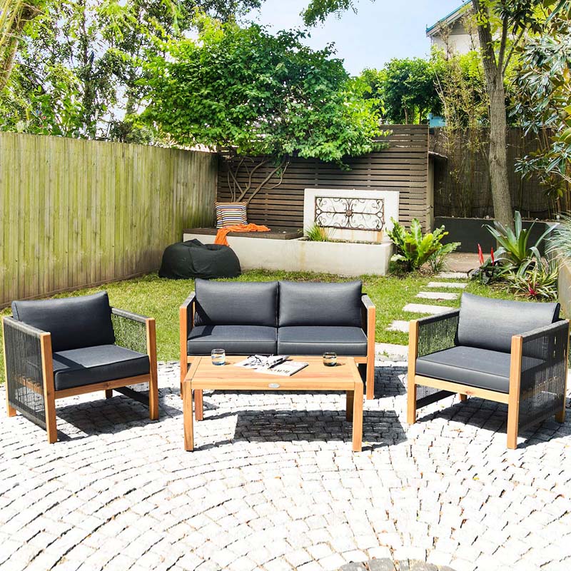 4 Pcs Acacia Wood Outdoor Loveseat Sofa Set with 2 Single Chairs & Coffee Table, Cushions