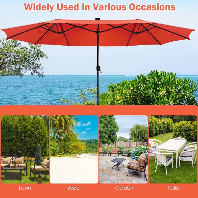 15 FT Double-Sided Patio Umbrella with 48 Solar Lights, Extra-Large Outdoor Twin Market Umbrella with Base