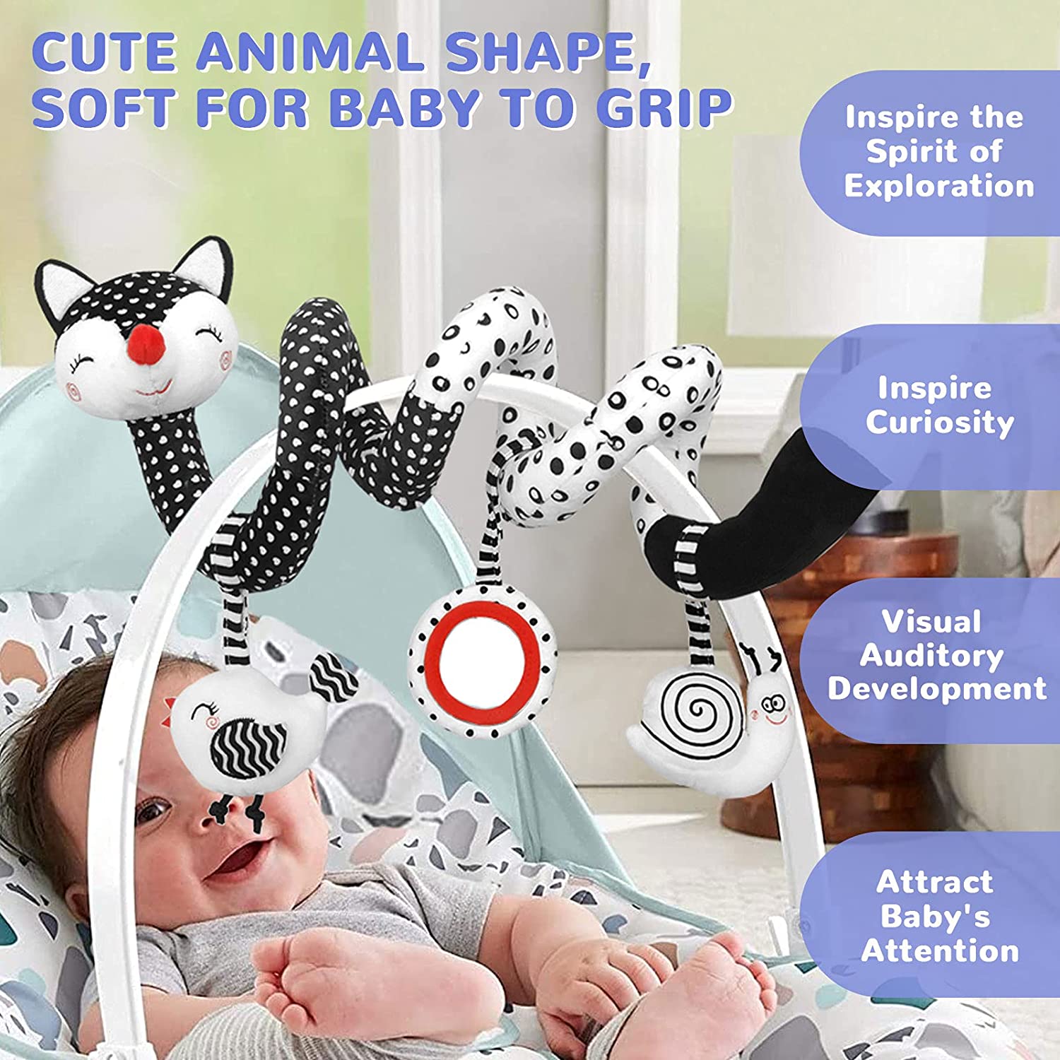 Baby Spiral Plush Toys， Black White Stroller Toy Stretch and Spiral Activity Toy Car Seat Toys， Hanging Rattle Toys for Crib Mobile