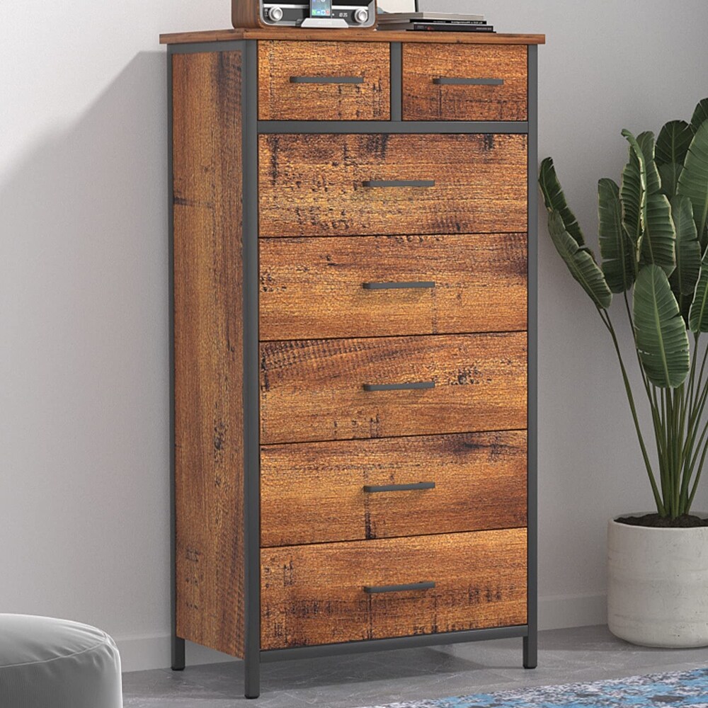 7 Drawer Tall Dresser  Industrial Wood Storage Clothes Organizer  Sturdy Steel Frame