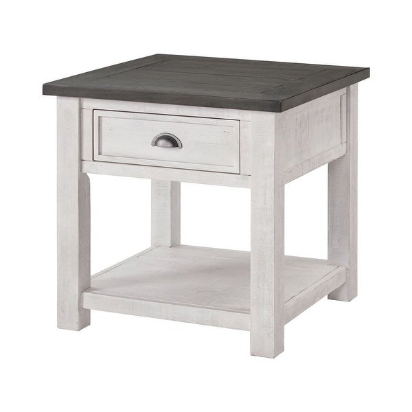 Coastal Style Square Wooden End Table with 1 Drawer， White and Gray