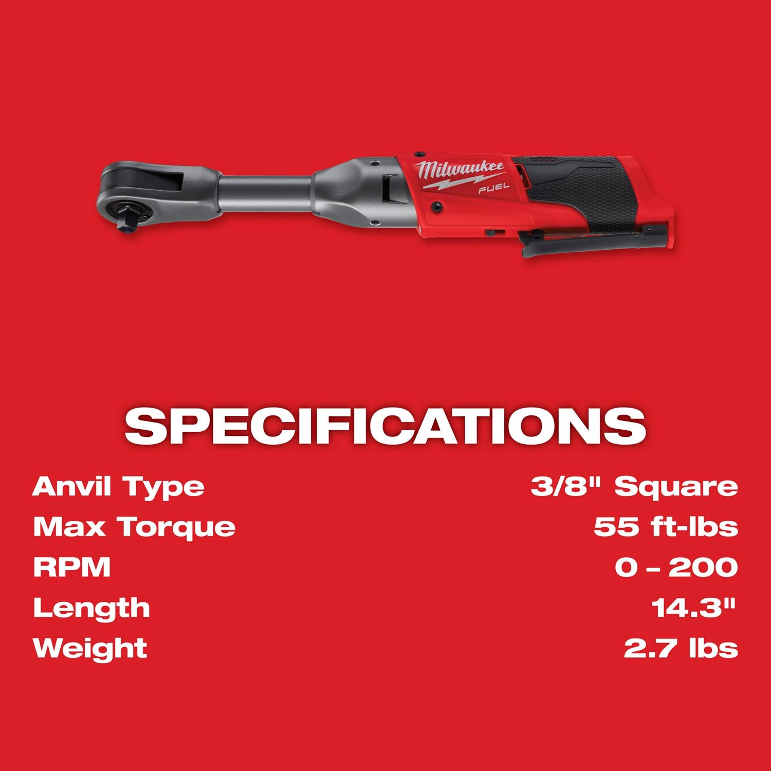 MW M12 FUEL Extended Reach 12 V 3/8 in. Brushless Cordless Ratchet Tool Only