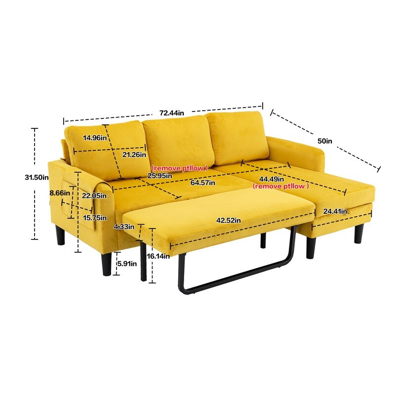 72.4'' L Shaped Sectional Sofa Sleeper Sofa With Storage Chaise Yellow