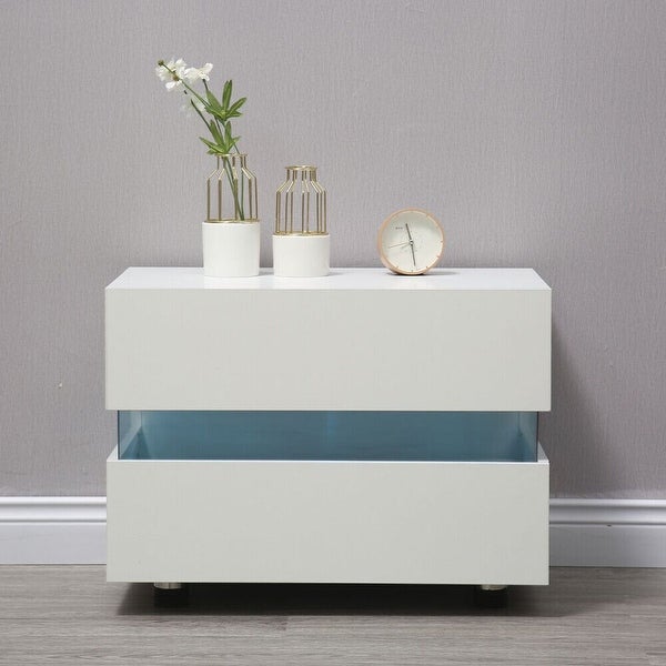 LED Modern Glossy Nightstand With 2 Drawers Bedside Night Light - - 36335243