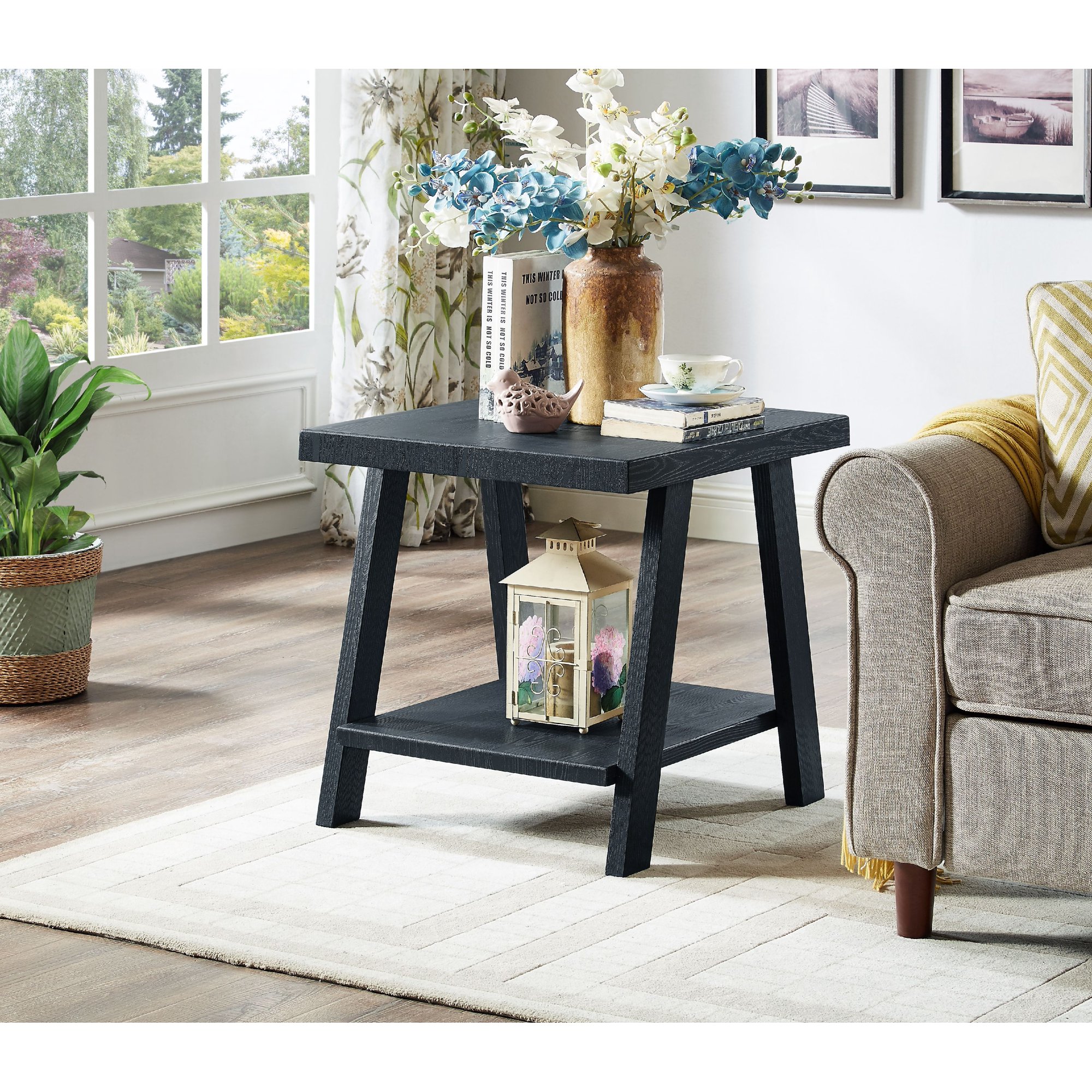 Roundhill Furniture Athens Contemporary Wood Shelf End Table， Black