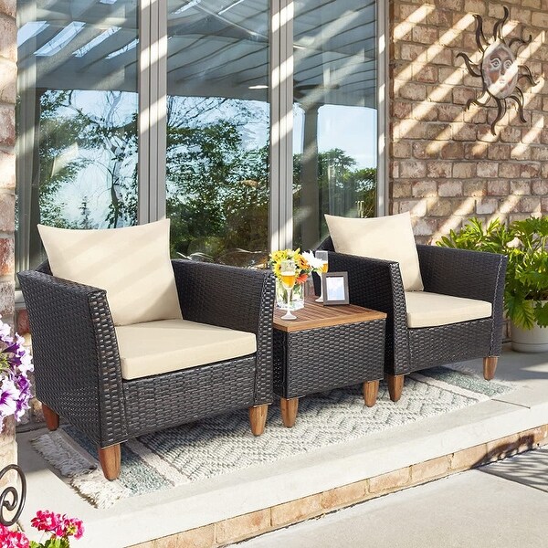 3 Pieces Patio Rattan Bistro Furniture Set with Wooden Table Top