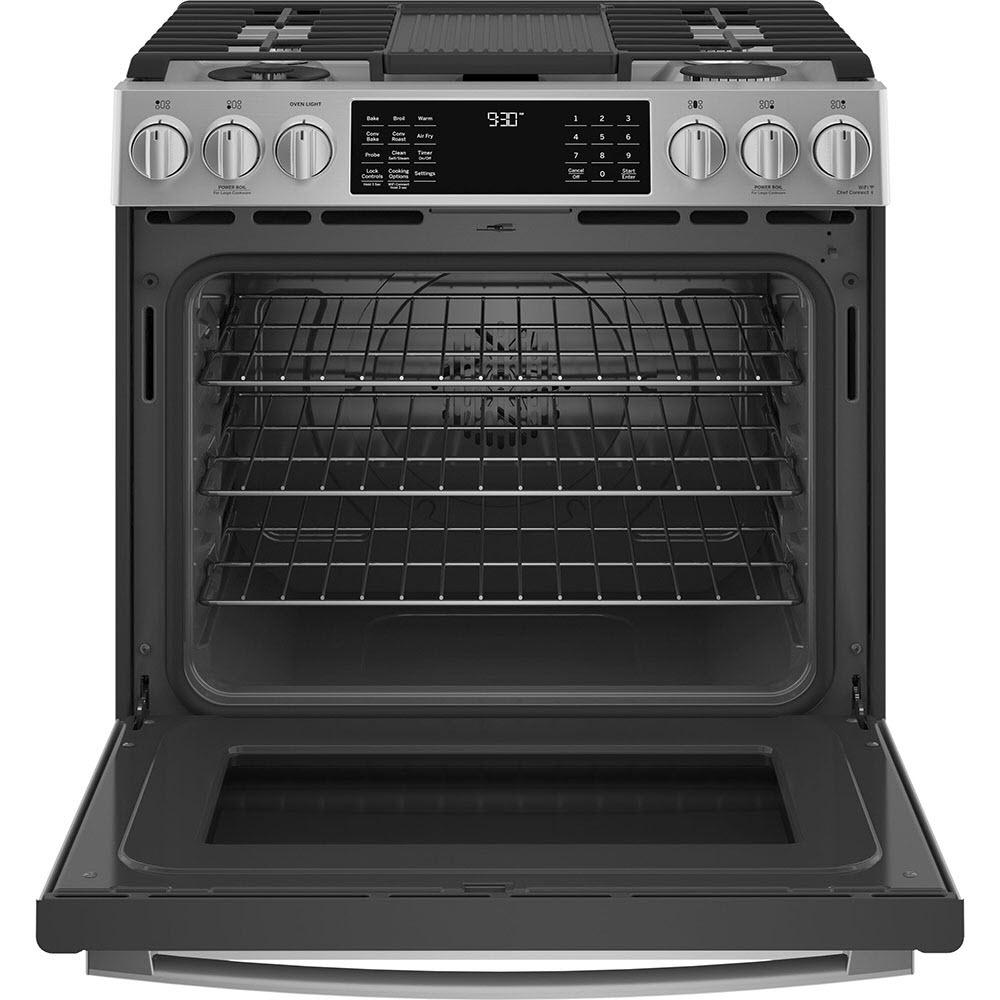 GE Profile 30-in Slide-in Dual Fuel Range with No Preheat Air fry Technology PC2S930YPFS