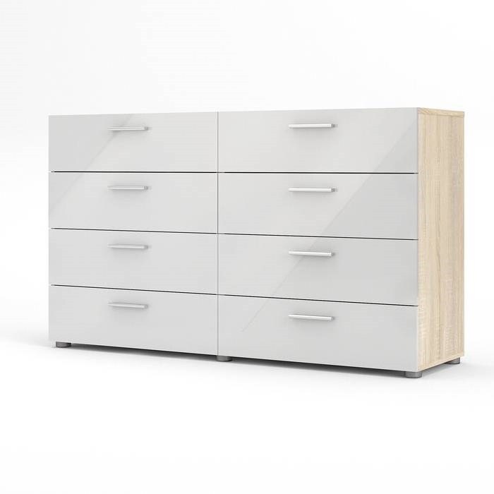 White Modern Bedroom 8 Drawer Double Dresser with Oak Finish Sides and Top