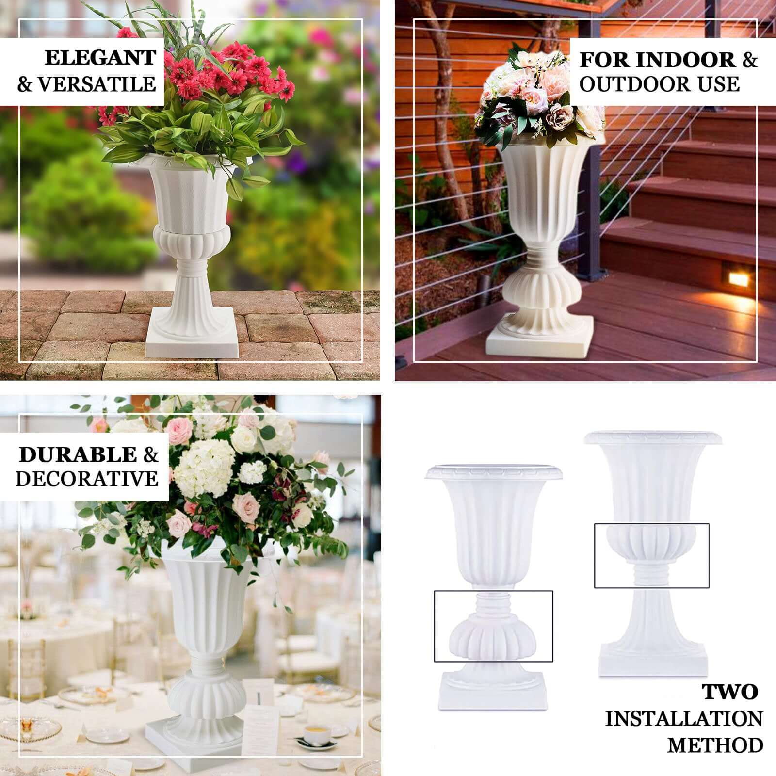 2 Pack White Urn Planter, Floral Pedestal Flower Pot Plant Stand - PVC 20