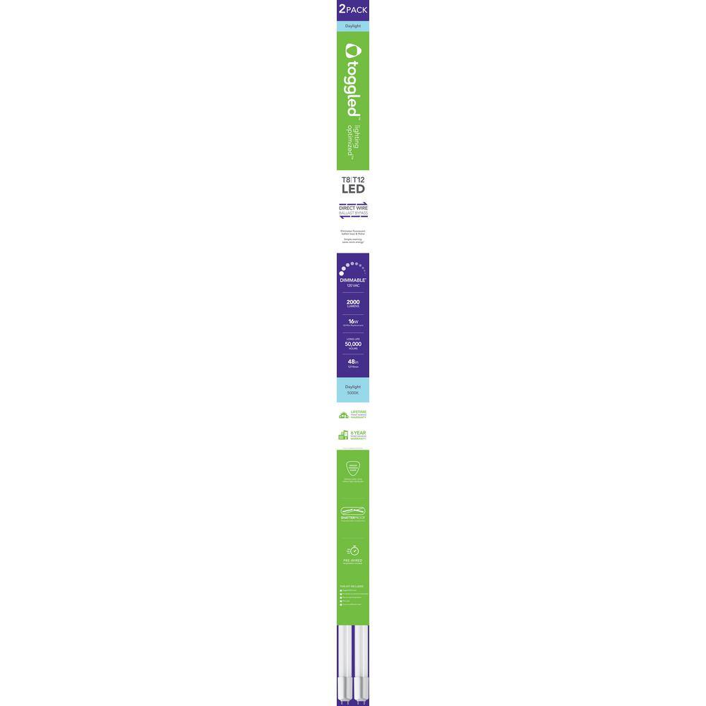 toggled 48 in. 16-Watt Daylight T8 Dimmable Linear LED Tube Light Bulb (2-Pack) D416-50321-2