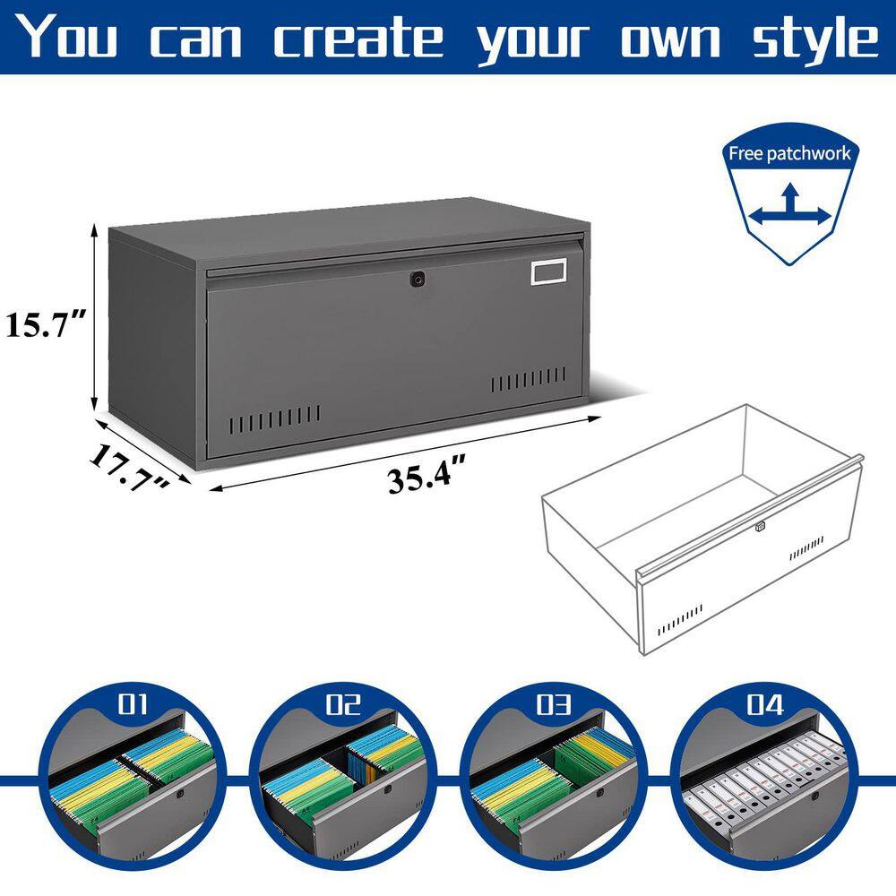 Modern Dark Gray Biometric Fingerprint Lateral File Cabinet with Hanging Rod for letter XD39652948