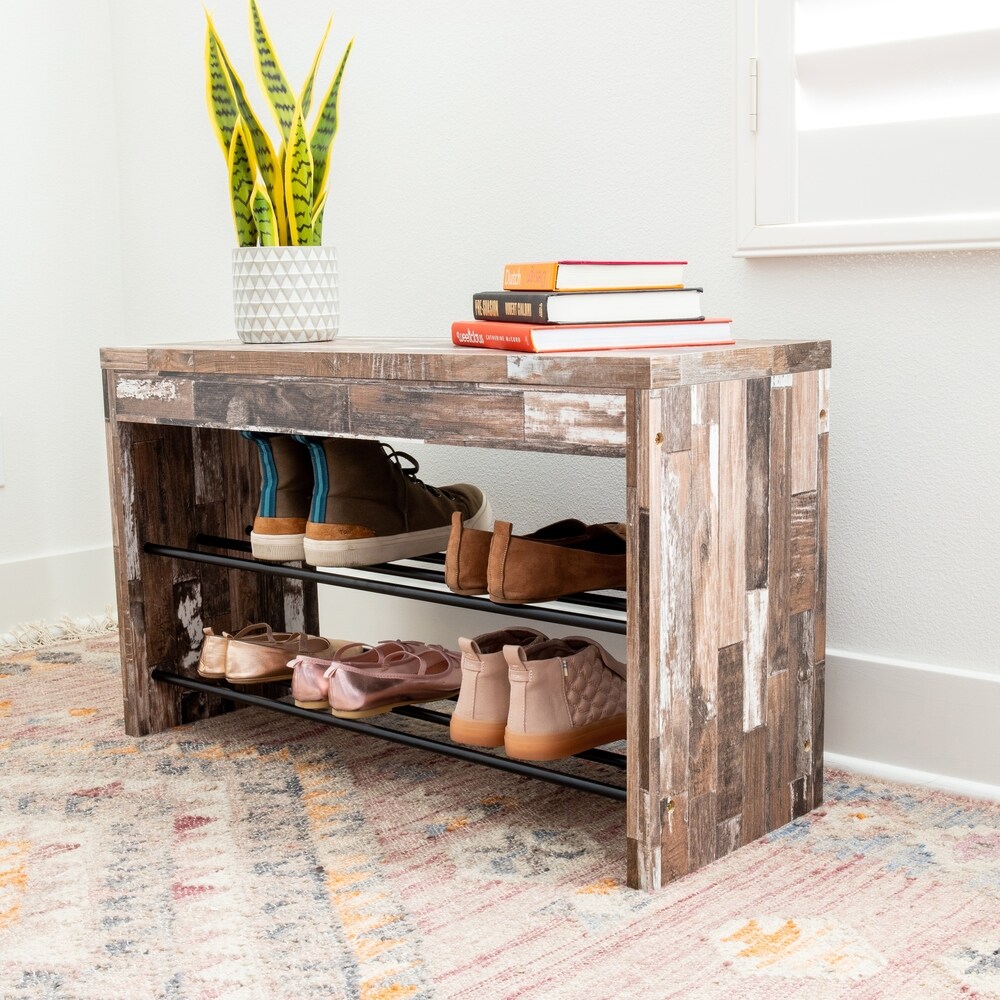 Danya B. Two Tier Industrial Shoe Bench in Distressed Wood Finish